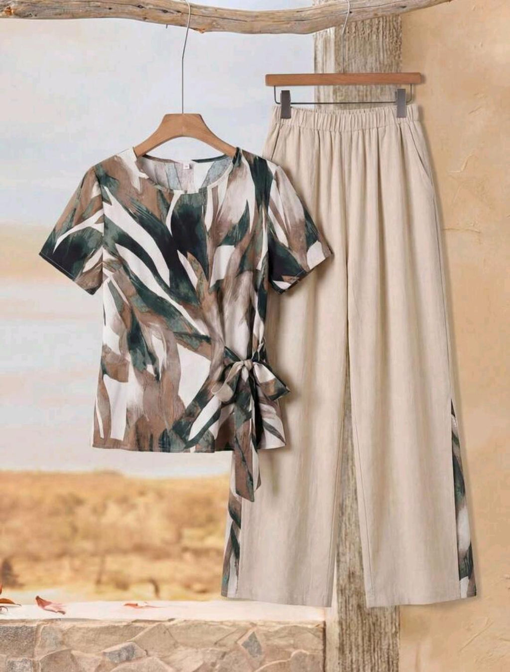 Rusticease Conjunto de 2 piezas de camisa con lazo y pantalones casuales de verano para mujer