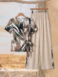 Rusticease Conjunto de 2 piezas de camisa con lazo y pantalones casuales de verano para mujer