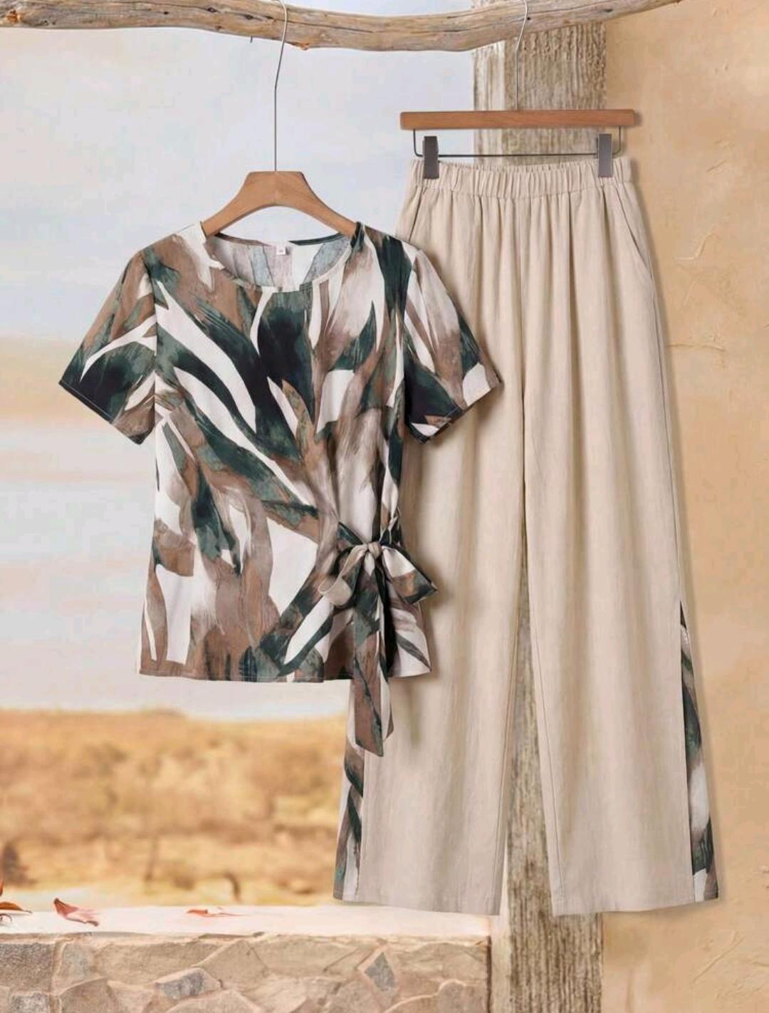 Rusticease Conjunto de 2 piezas de camisa con lazo y pantalones casuales de verano para mujer