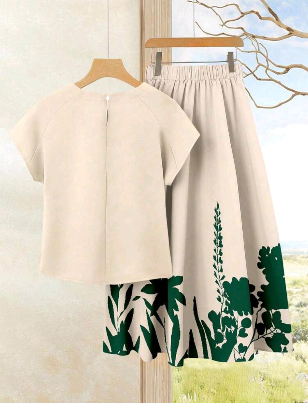 Rusticease Conjunto casual de 2 piezas para mujer, conjunto de falda con estampado color beige y blusa unicolor.