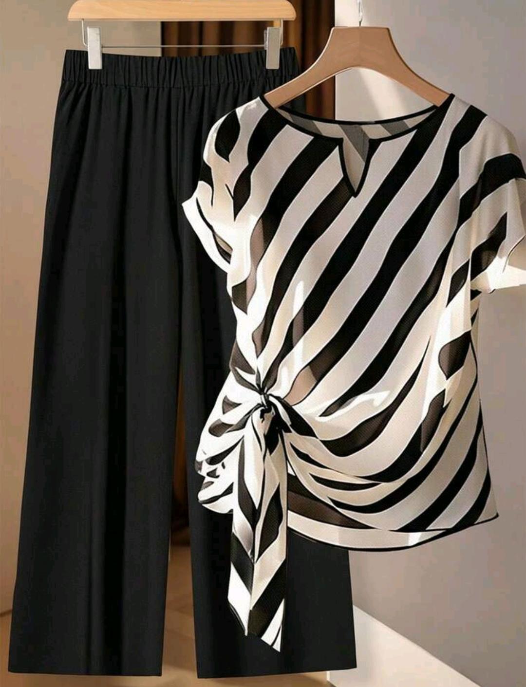 Conjunto casual de 2 piezas para mujer talla grande, top de manga corta con cuello en V, rayas y nudo delantero, y pantalones de pierna ancha.