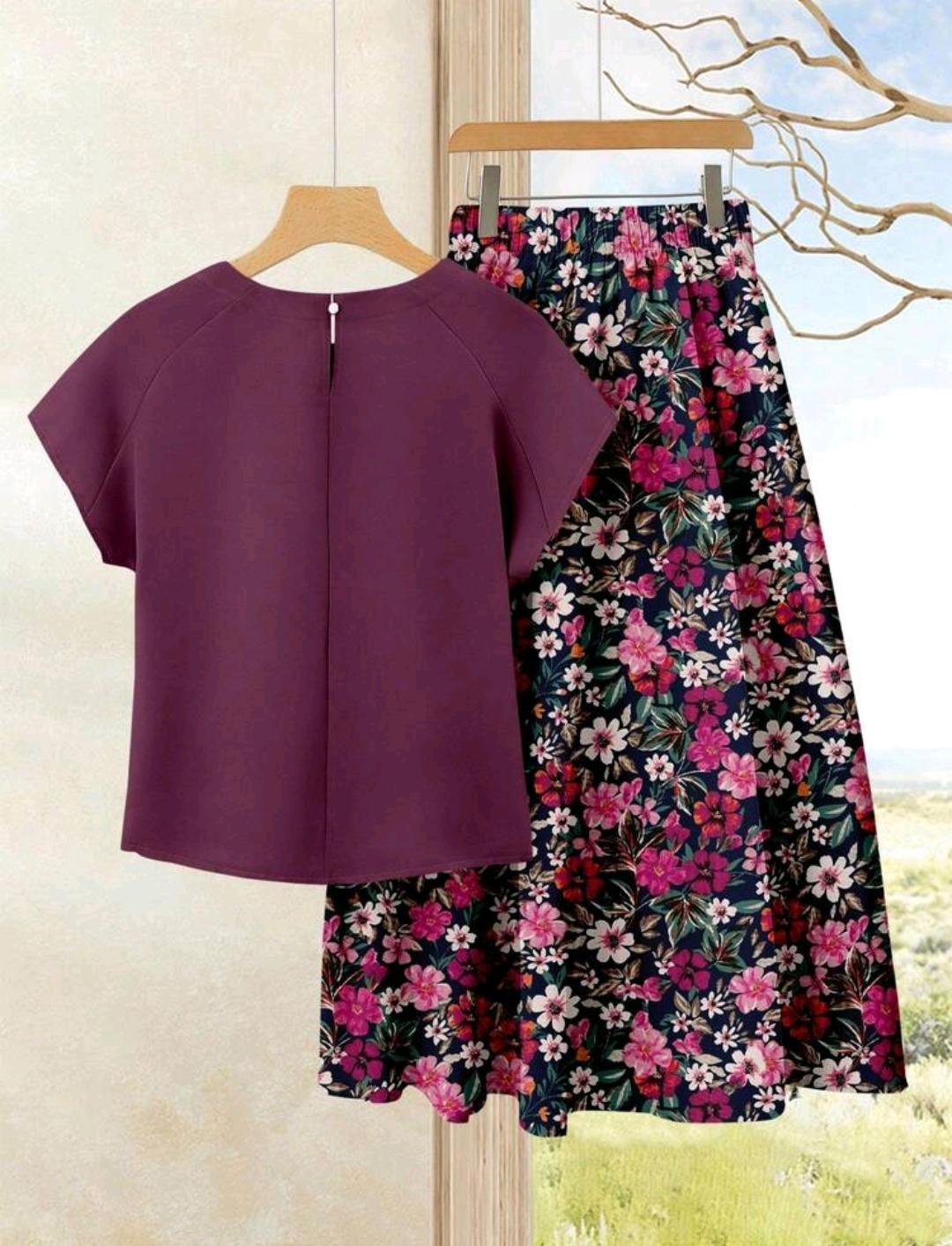 Conjunto de 2 piezas de falda con estampado floral y blusa unicolor
