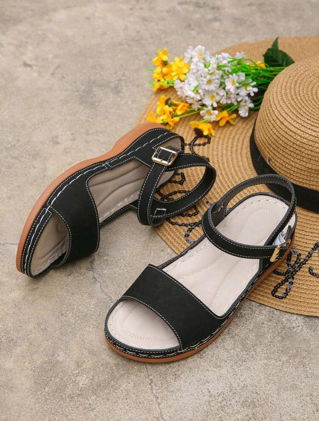 Sandalias para mujer, sandalias negras de verano, esencial para vacaciones, cómodas y ligeras, diseño de hebilla única, elegantes y a la moda
