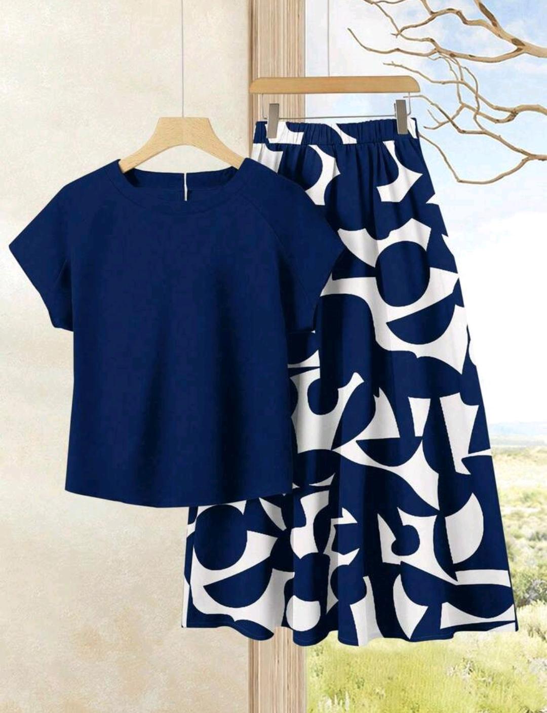 Rusticease 2 piezas Conjunto de top casual de unicolor + falda estampada para vacaciones, ropa de verano para mujer.