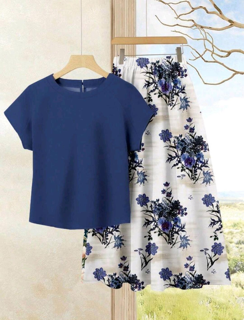 2 piezas Conjunto de blusa casual de unicolor + falda estampada  conjunto de ropa de verano para mujer.