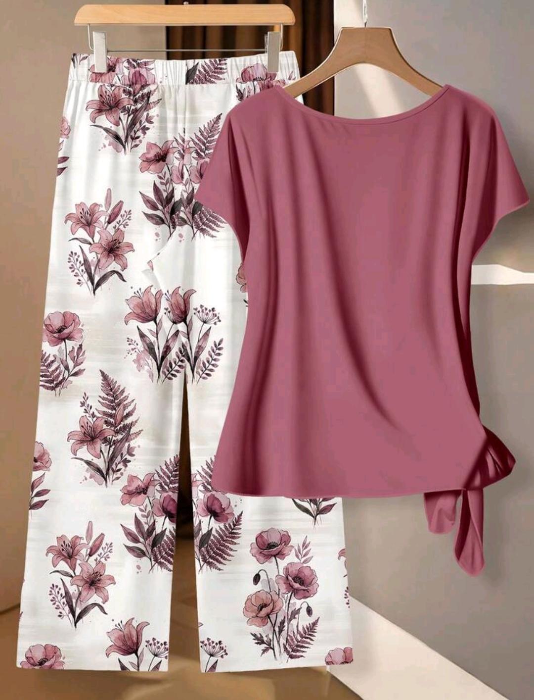 Conjunto de 2 piezas para mujer talla grande, top plisado de cuello redondo y pantalones de pierna ancha, unicolor, casual, formal, lounge, rosa y blanco.