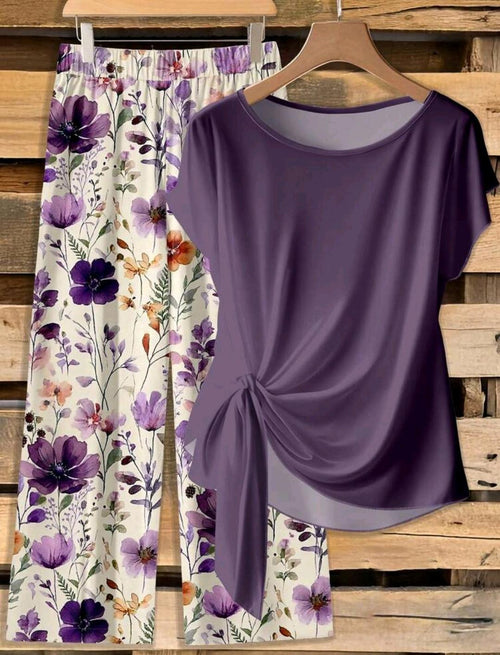 2 piezas Conjunto de camisa y pantalones casuales bohemios con estampado floral púrpura.