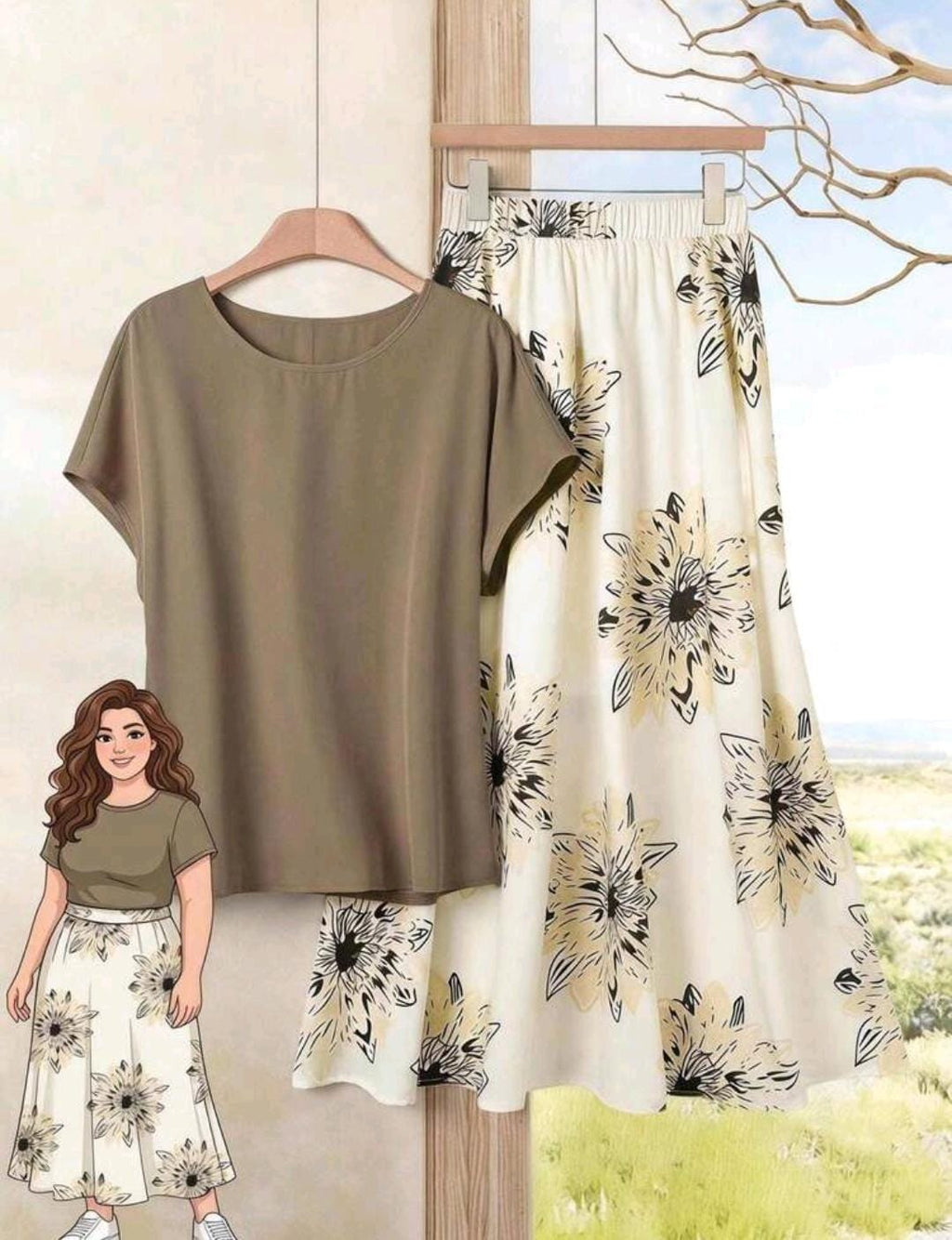 Set de 2 piezas: Blusa unicolor y falda con estampado floral, conjunto de 2 piezas para vacaciones en la playa.