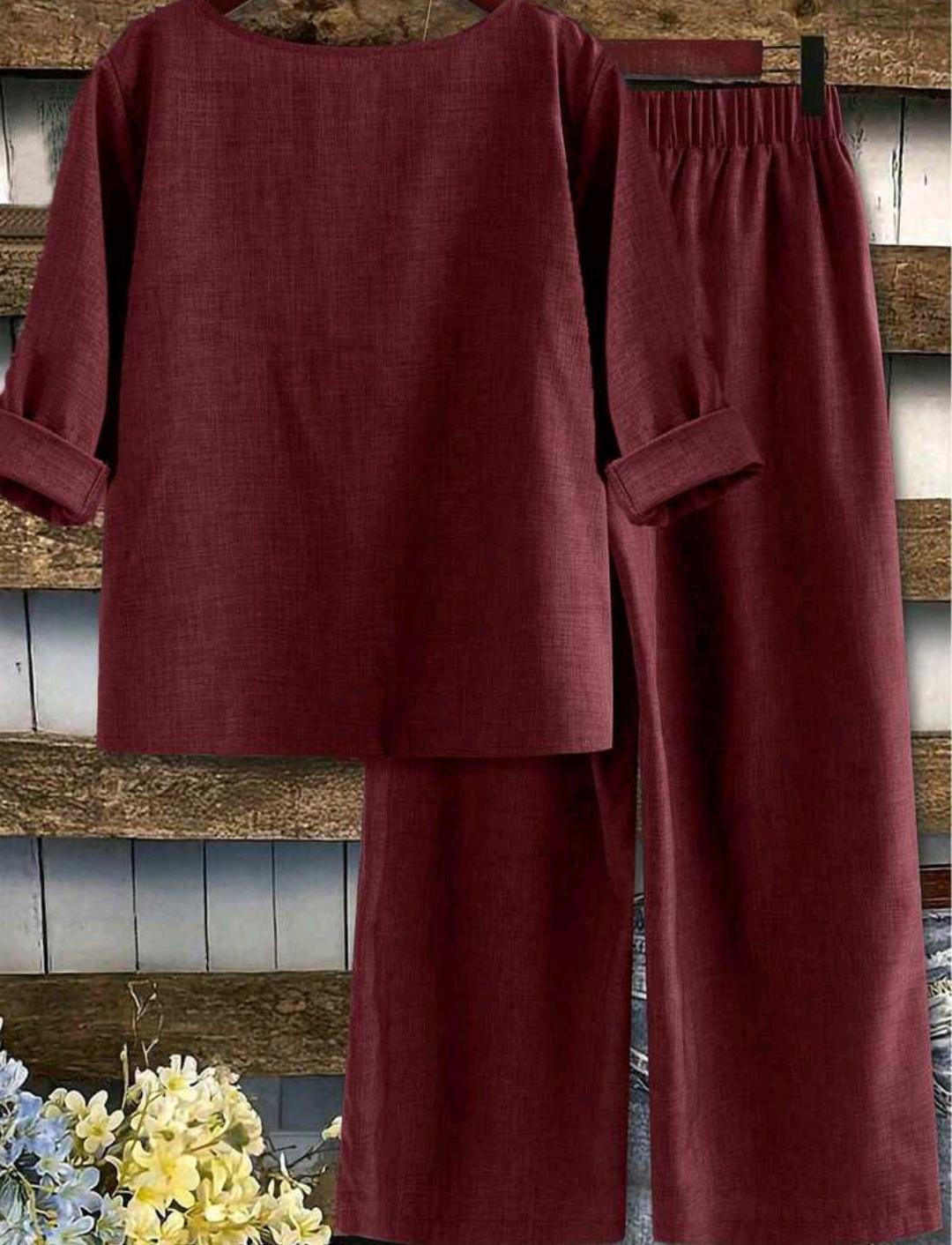 Conjunto de blusa lisa y pantalón ancho estampado | Bajo pedido