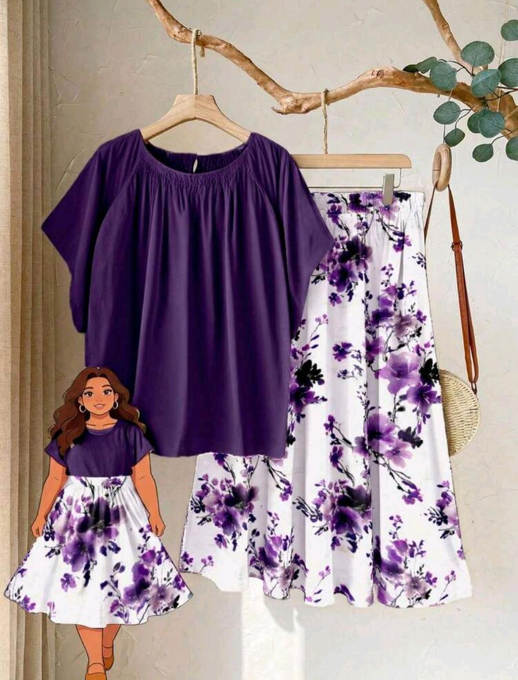 Conjunto de 2 piezas casual romántico con estampado floral púrpura para mujer talla grande, conjunto de 2 piezas púrpura talla grande, atuendo de vacaciones, ropa de verano