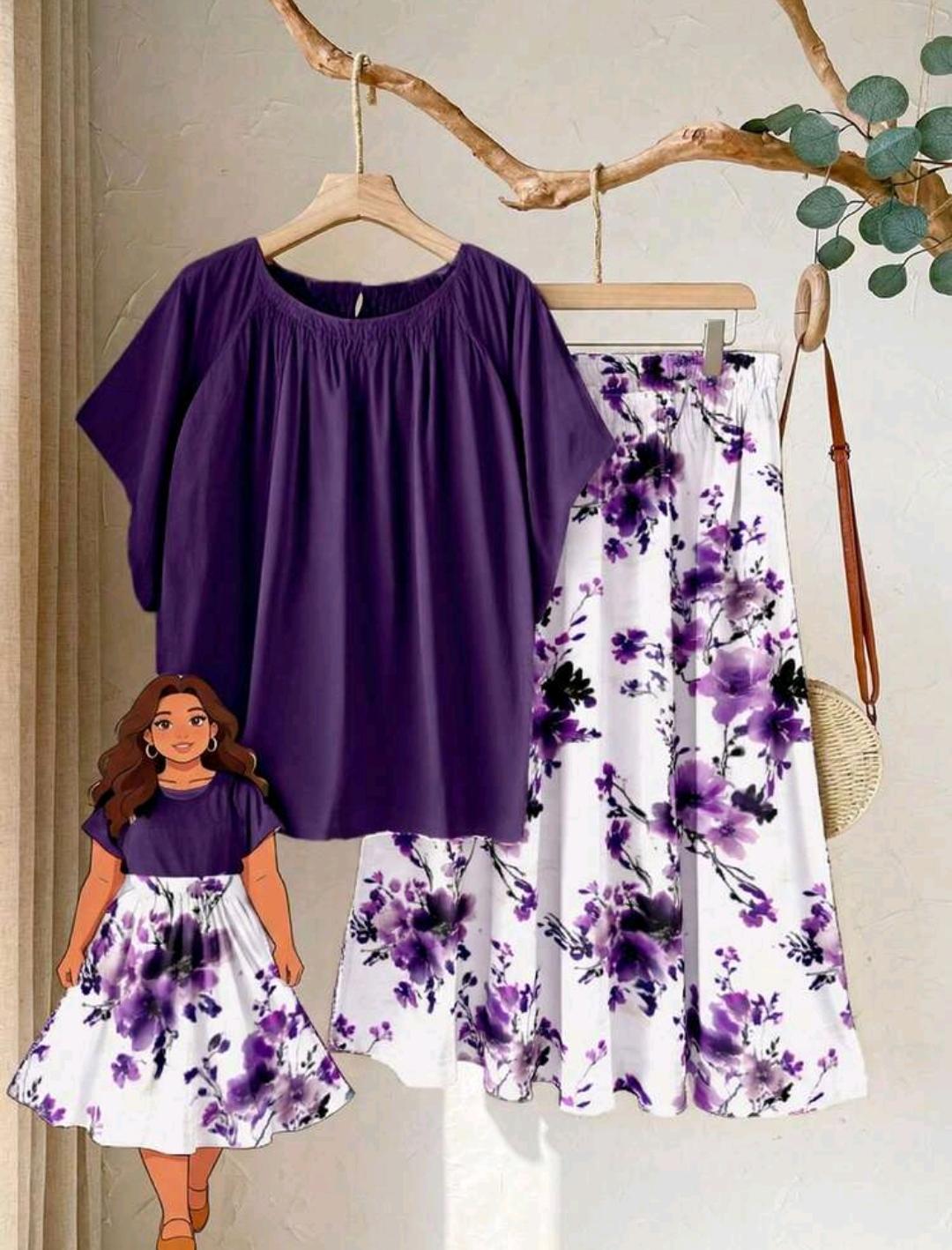 Conjunto de 2 piezas casual romántico con estampado floral púrpura para mujer talla grande, conjunto de 2 piezas púrpura talla grande, atuendo de vacaciones, ropa de verano