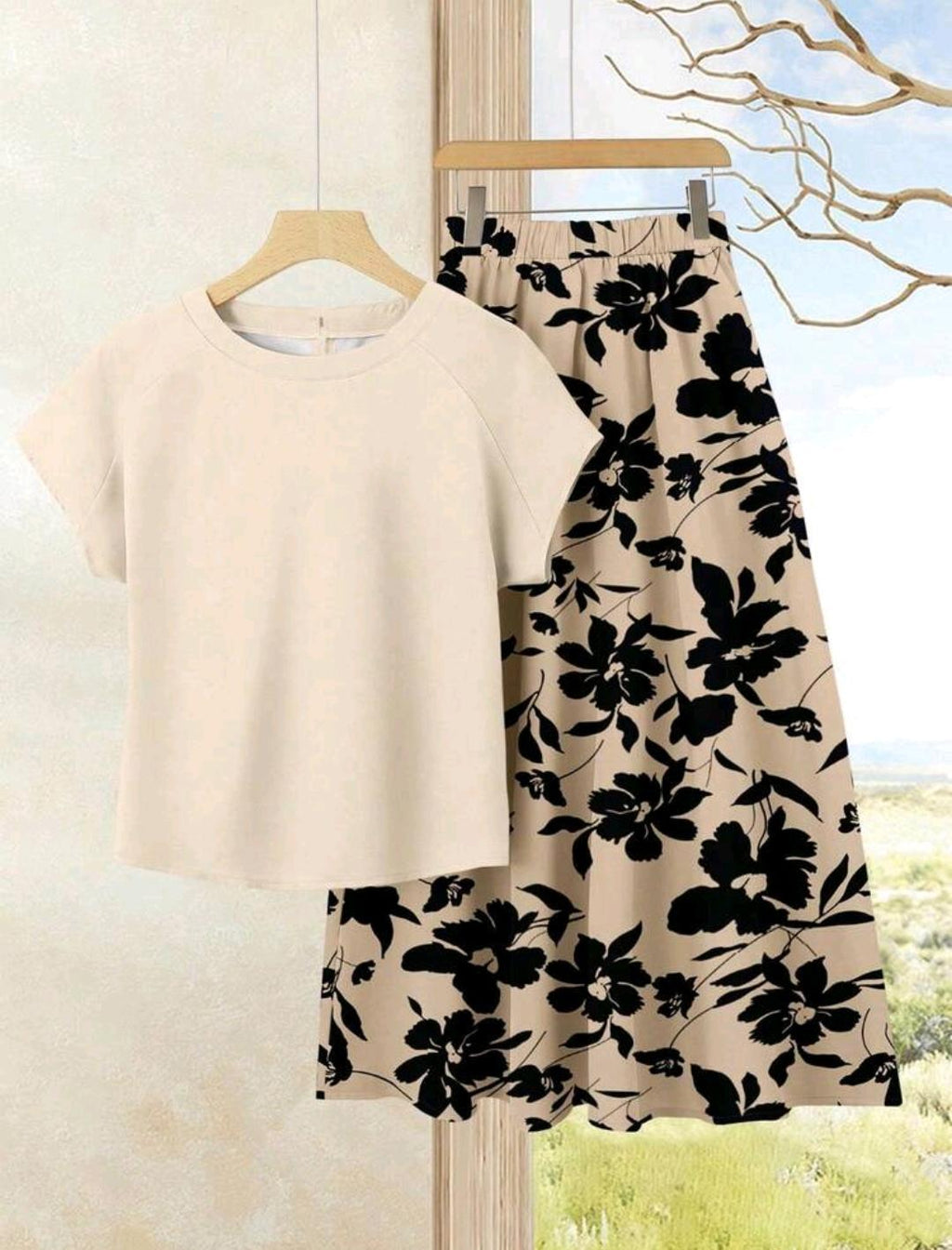 Rusticease Set de 2 piezas  top de unicolor + falda estampada para vacaciones casuales de mujer, conjunto de verano.