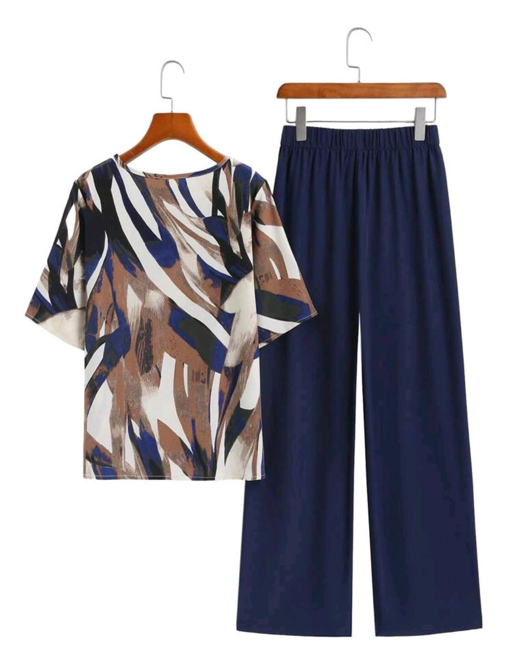 Conjunto de 2 piezas: Blusa de manga corta con cuello redondo y estampado total y pantalones para mujer en verano