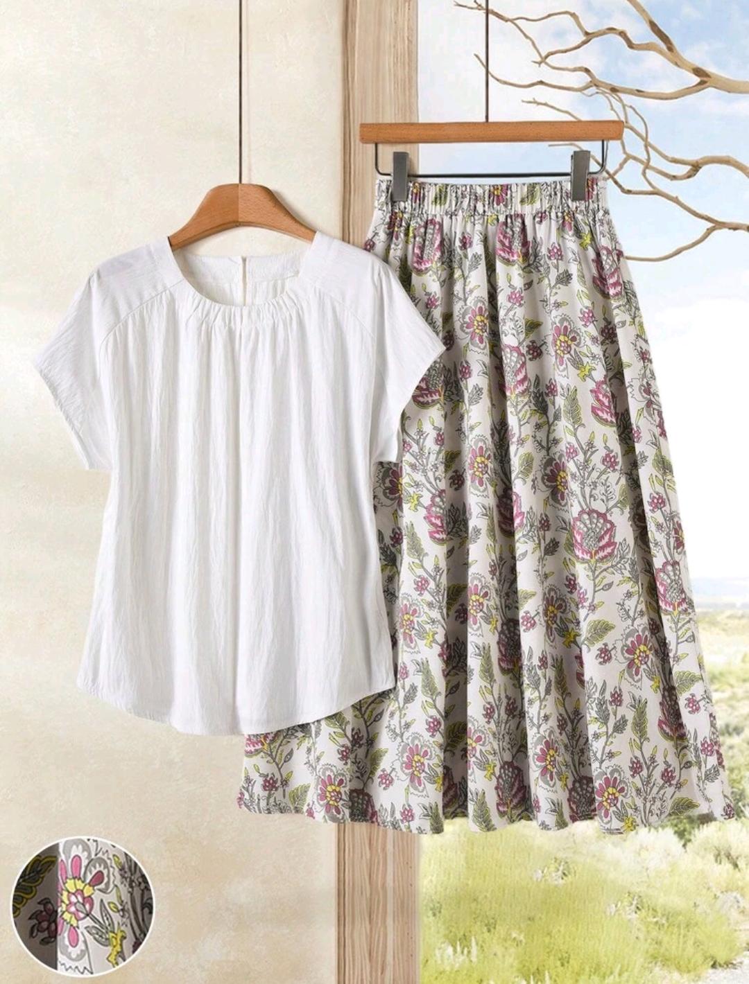 Rusticease Conjunto de 2 piezas de vestido casual de manga corta con estampado floral para mujer
