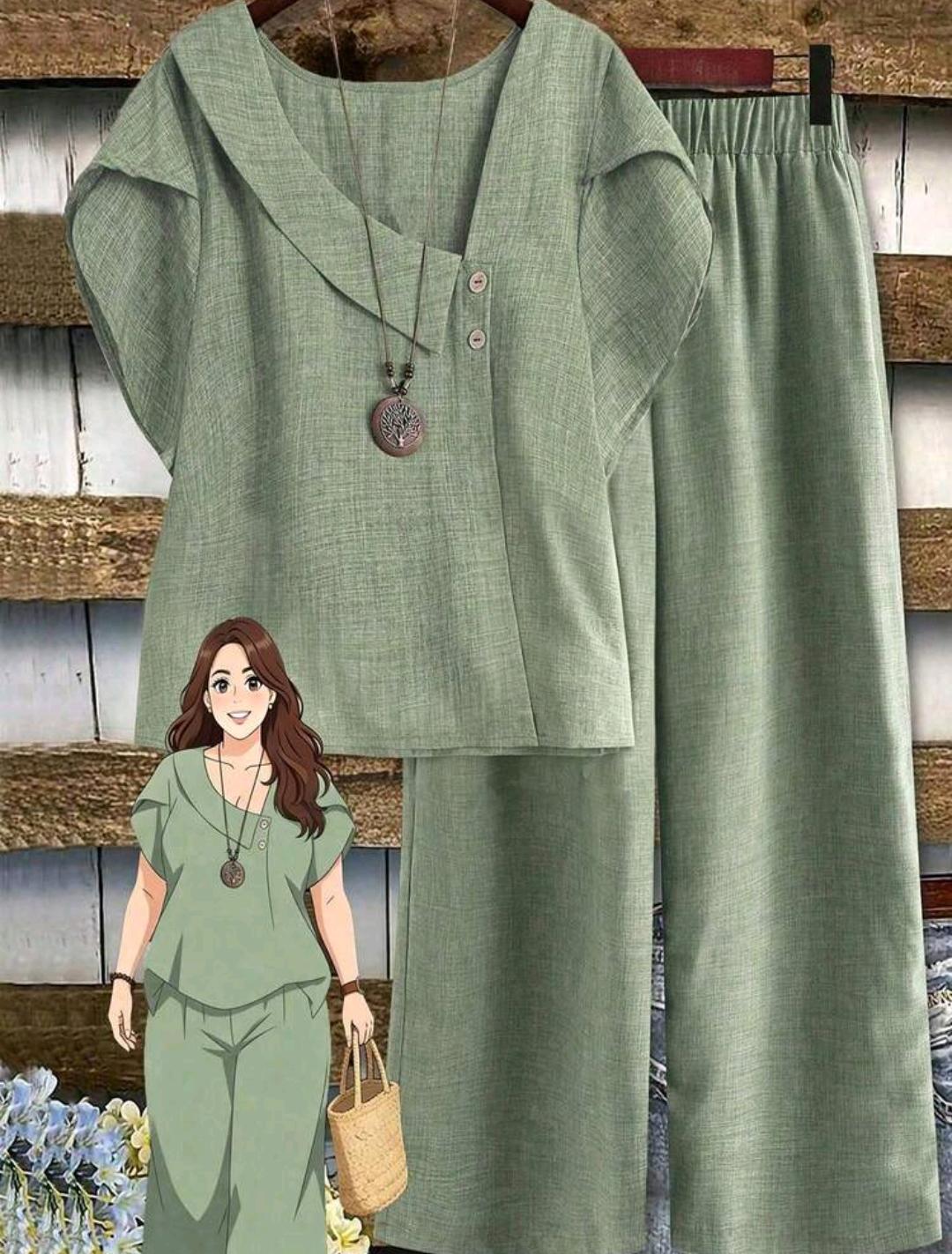 Conjunto de blusa lisa y pantalón ancho estampado | Bajo pedido