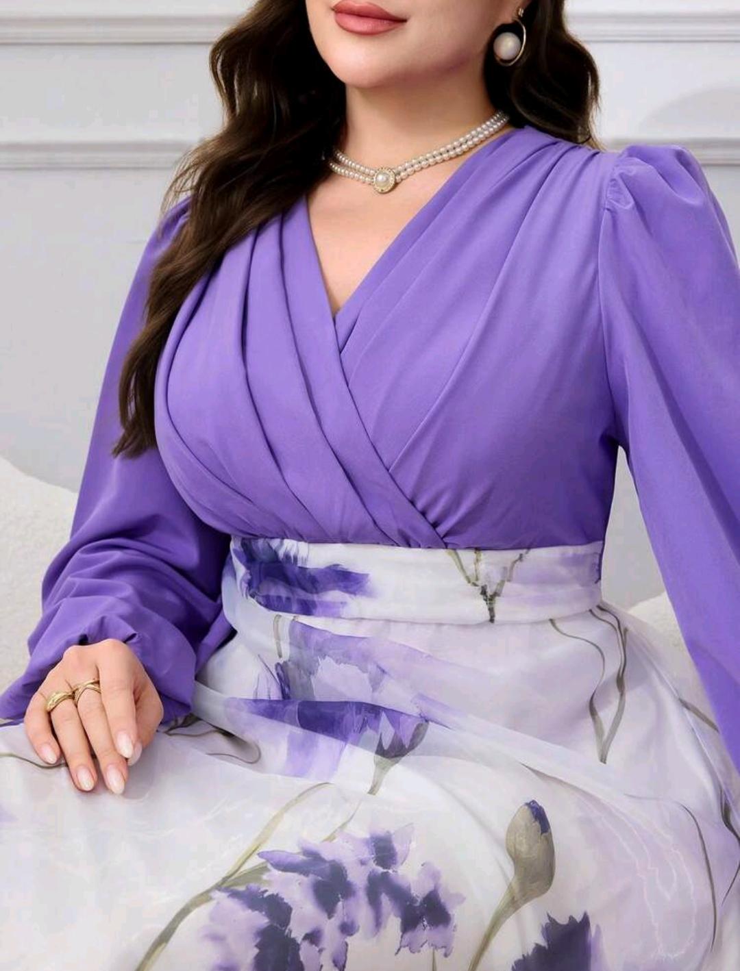 Modelyn Vestido de talla grande para mujer, estilo elegante con estampado floral, mangas de farol y cintura ceñida, estilo resort