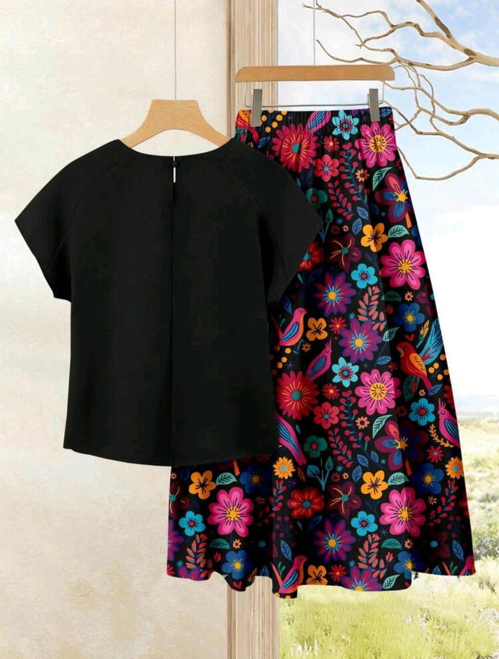 Conjunto de 2 piezas para mujer, top de unicolor + falda estampada, atuendo casual de vacaciones de verano.