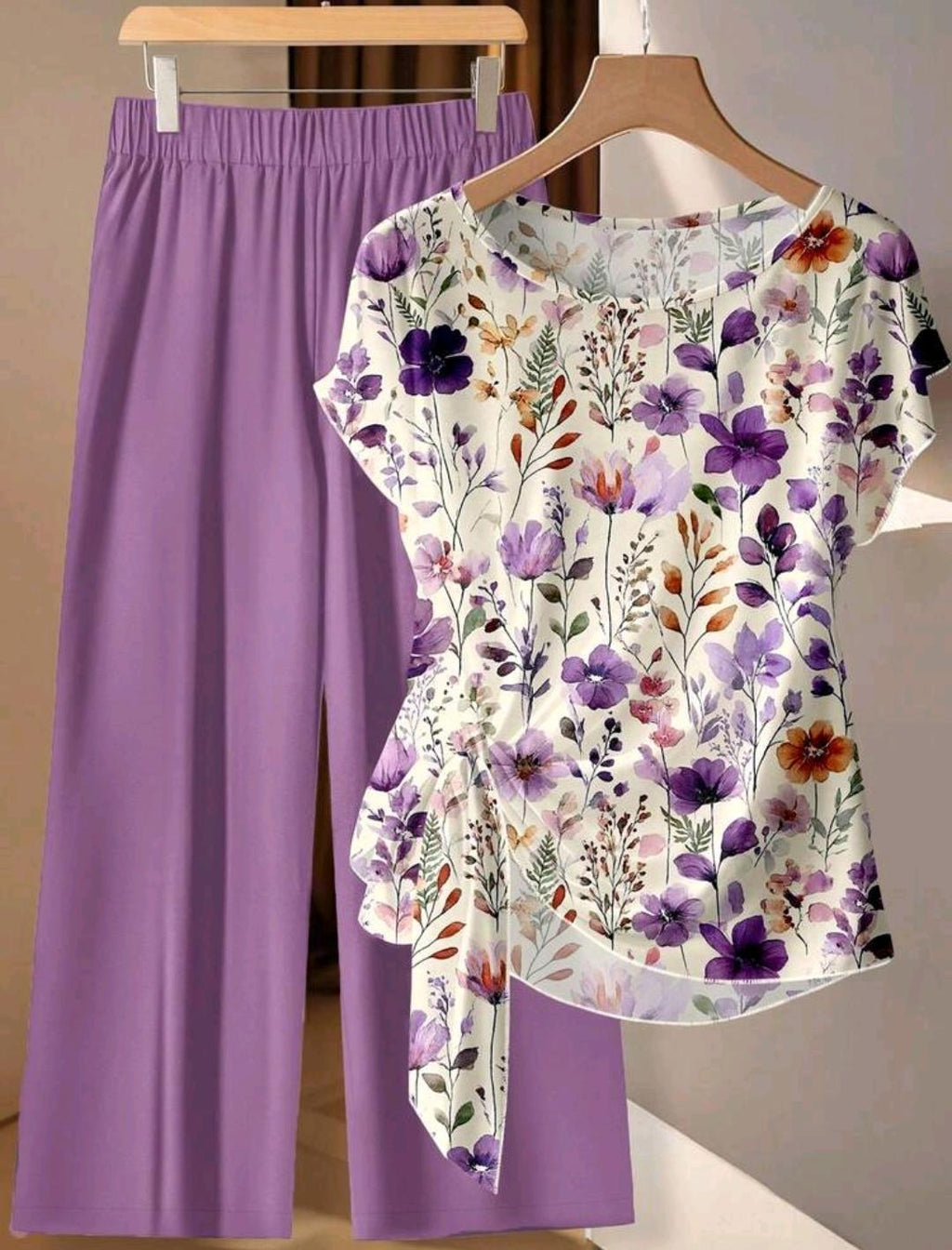 2 piezas Conjunto de camisa y pantalones casuales bohemios con estampado floral para mujer - elegante conjunto romántico retro para primavera/verano, perfecto para vacaciones, boda en una lugar tropical.