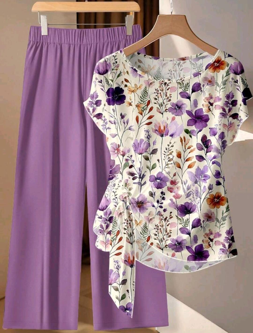 2 piezas Conjunto de camisa y pantalones casuales bohemios con estampado floral para mujer - elegante conjunto romántico retro para primavera/verano, perfecto para vacaciones, boda en una lugar tropical.