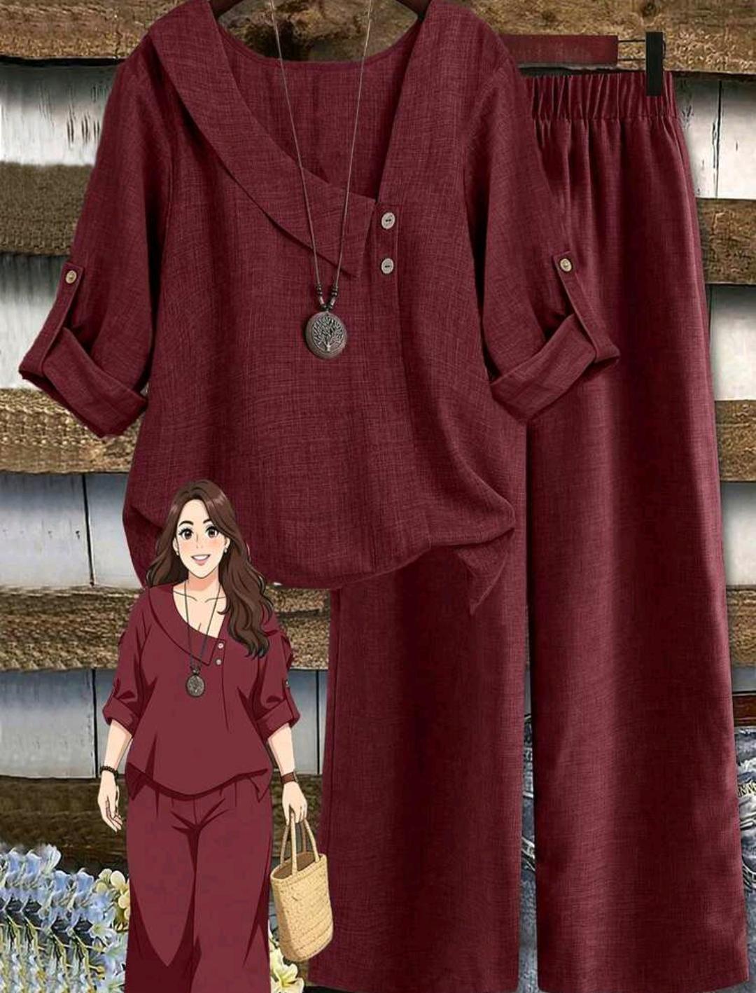 Conjunto de blusa lisa y pantalón ancho estampado | Bajo pedido