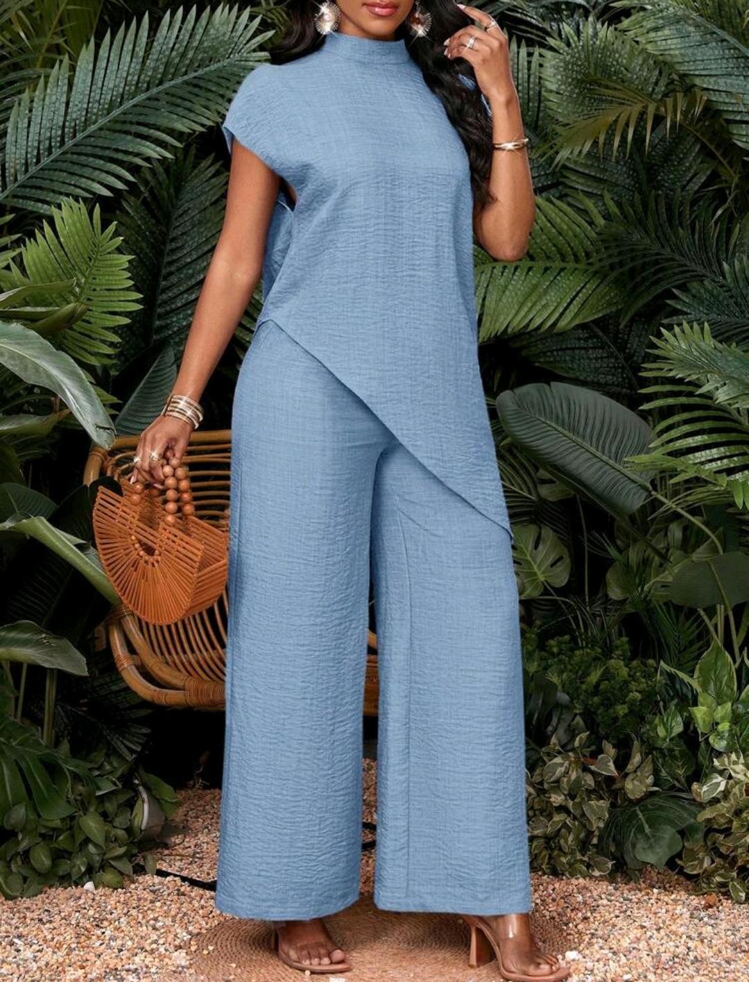 Conjunto de 2 piezas de top y pantalones de unicolor con bajo asimétrico para vacaciones de mujer