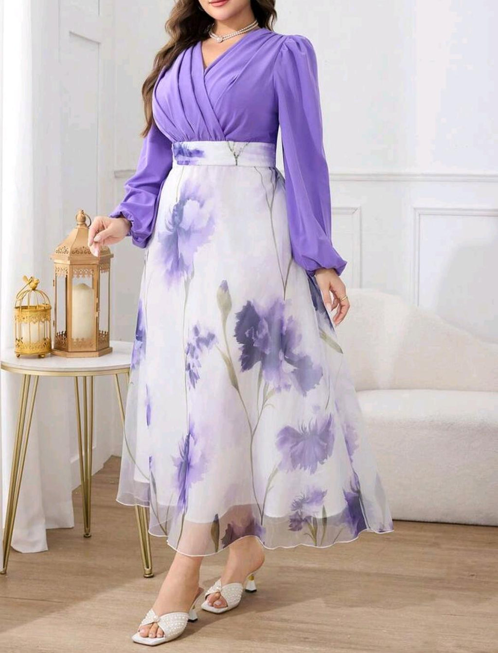 Modelyn Vestido de talla grande para mujer, estilo elegante con estampado floral, mangas de farol y cintura ceñida, estilo resort