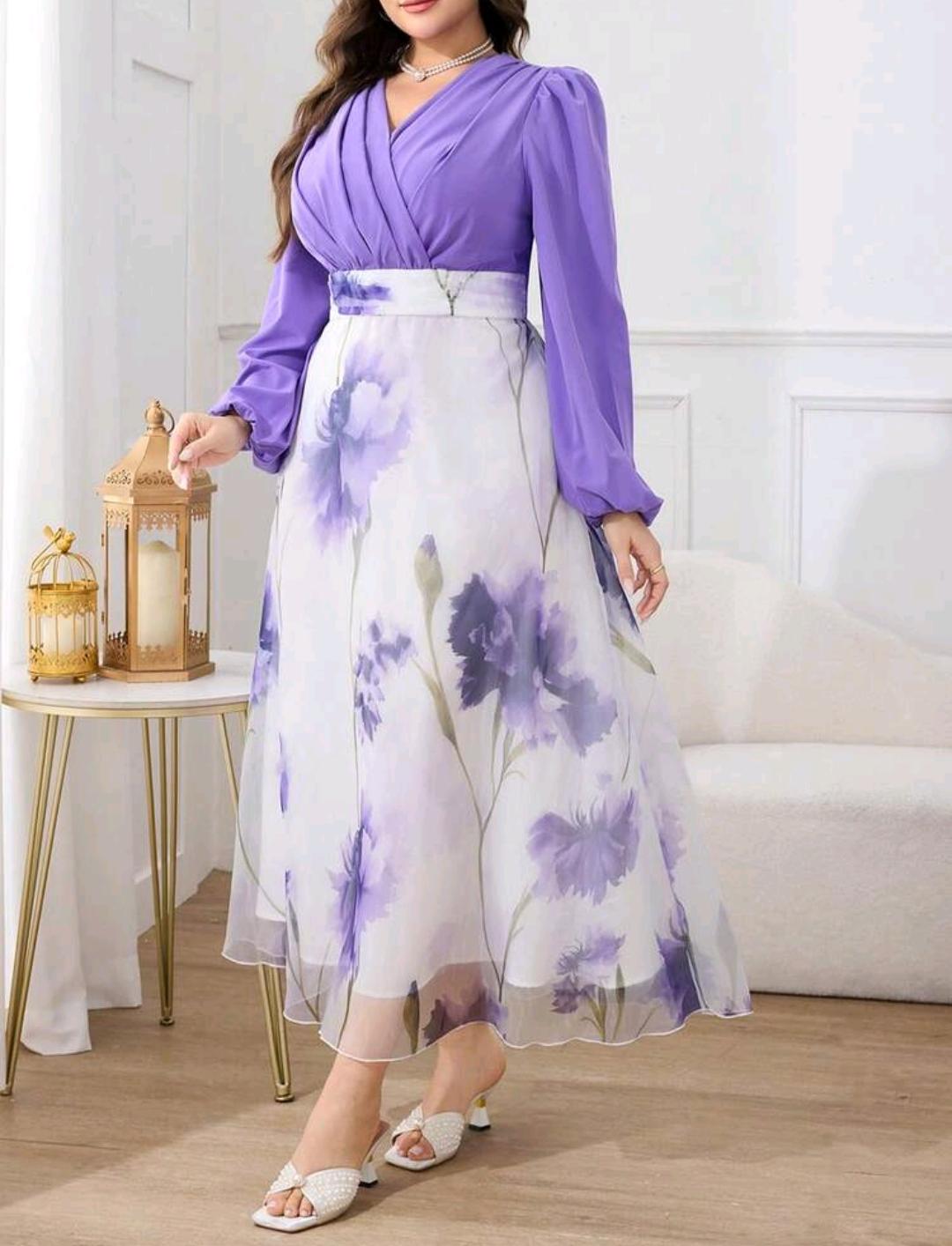 Modelyn Vestido de talla grande para mujer, estilo elegante con estampado floral, mangas de farol y cintura ceñida, estilo resort