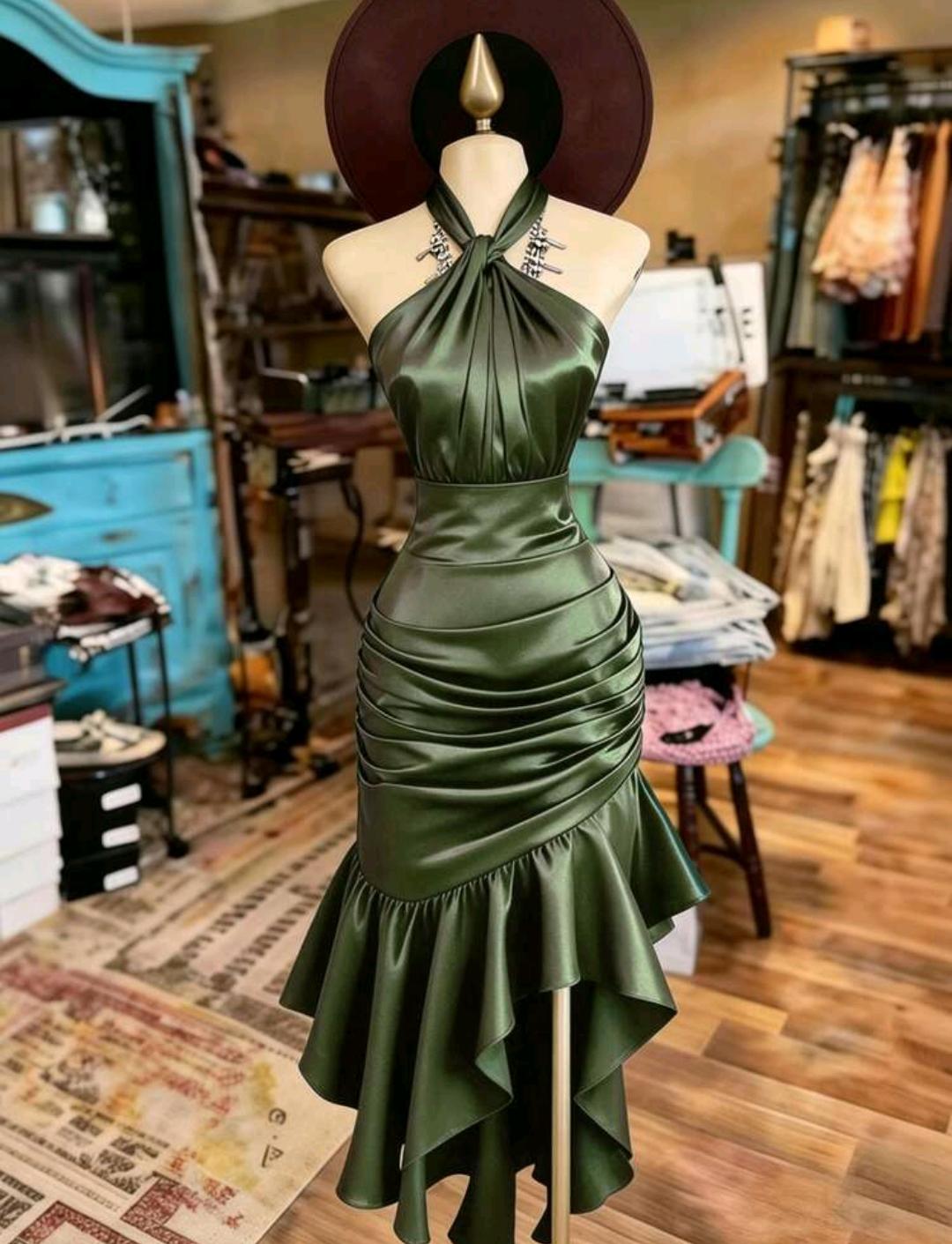 Vestido elegante con cuello halter y volantes | Bajo pedido