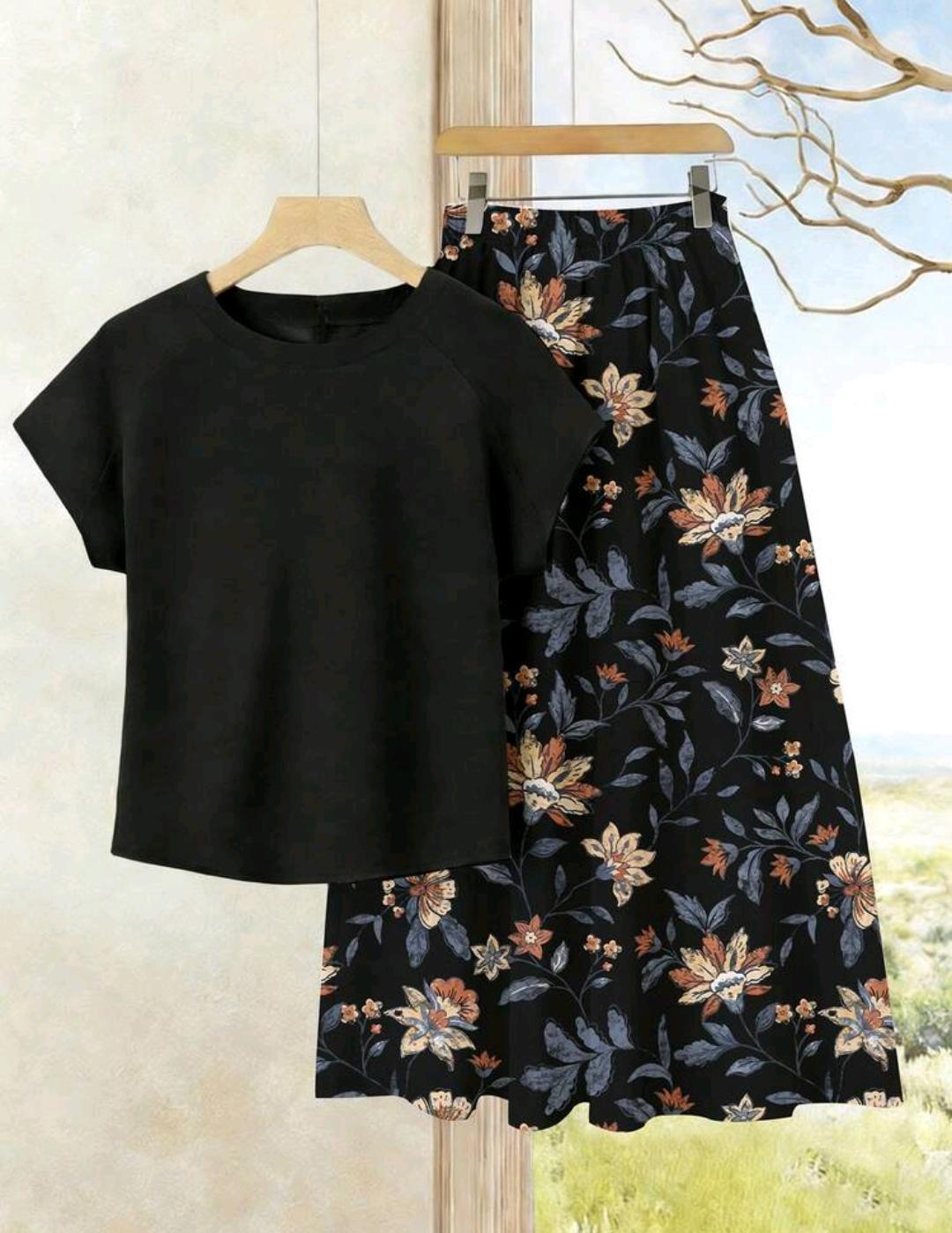 Rusticease 2 piezas Conjunto casual de verano para mujer con parte superior de unicolor + falda estampada, conjunto de falda y blusa ideal para vacaciones y actividades diarias.