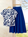 Set de 2 piezas: Blusa de manga corta con estampado de silueta de hojas y falda larga azul sólida a juego, conjunto de vestir de verano para vacaciones.