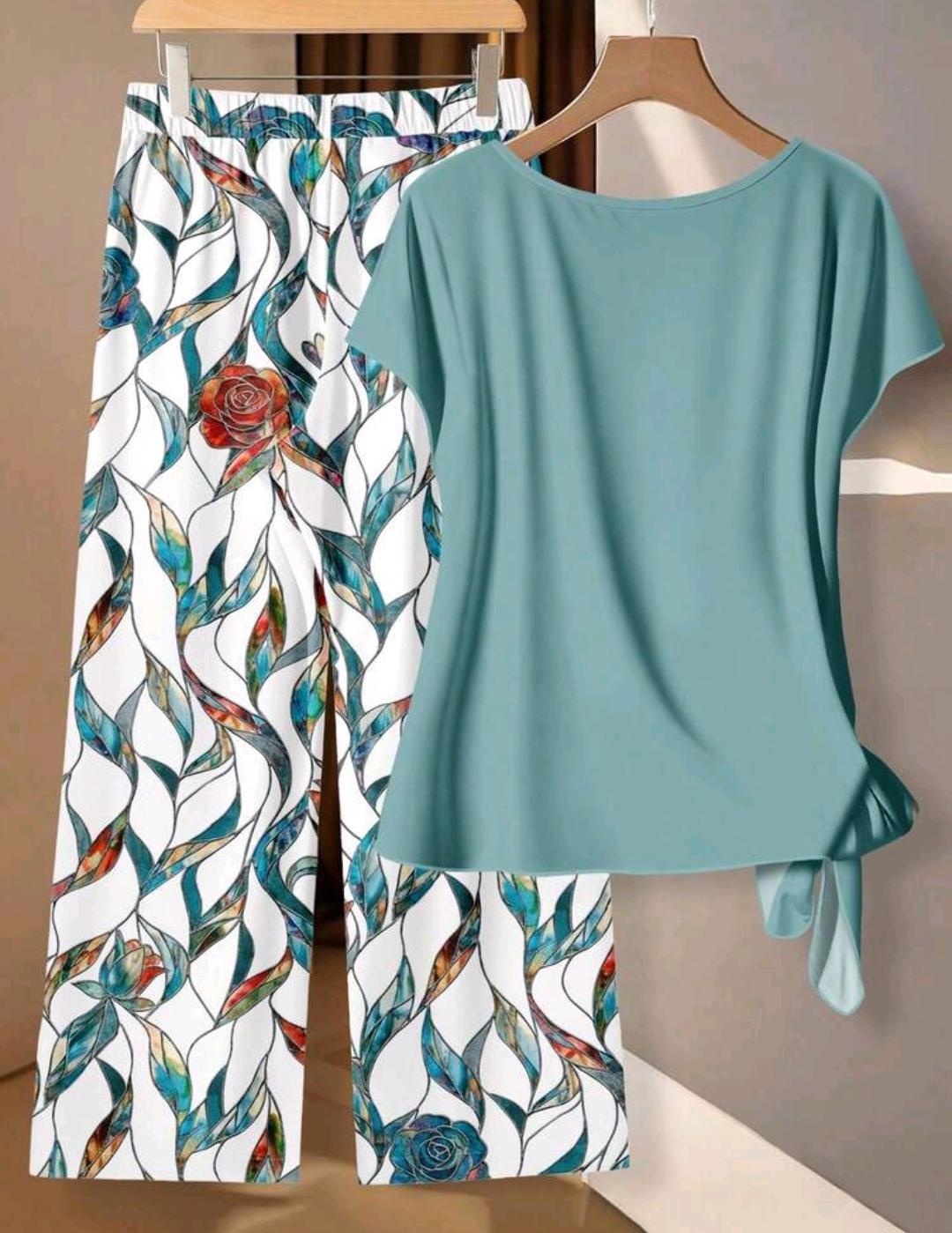 EMERY ROSE Conjunto de dos piezas para mujer talla grande con top azul empolvado de manga murciélago y nudo lateral & pantalones con estampado de ramas florales, estilo bohemio de verano para vacaciones, días festivos y madre de la novia.