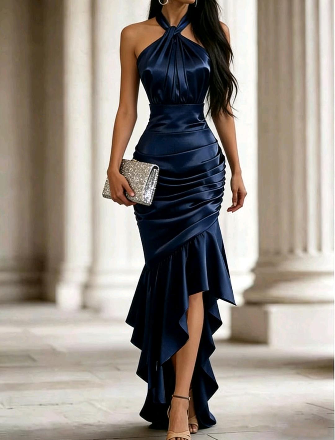 Vestido elegante con cuello halter y volantes | Bajo pedido