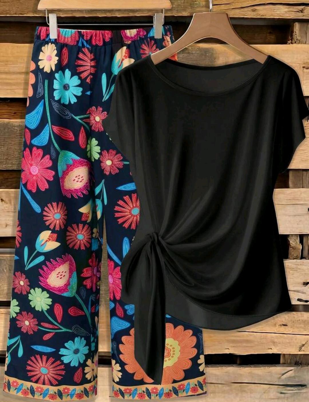 Set de 2 piezas de conjunto casual de verano para mujer, blusa con lazo verde a juego con pantalones rectos holgados con estampado geométrico