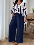 SHEIN LUNE Conjunto informal de blusa de manga farol con cuello en V y pantalón de pierna ancha para mujer talla grande, adecuado para uso diario, fiestas y vacaciones.