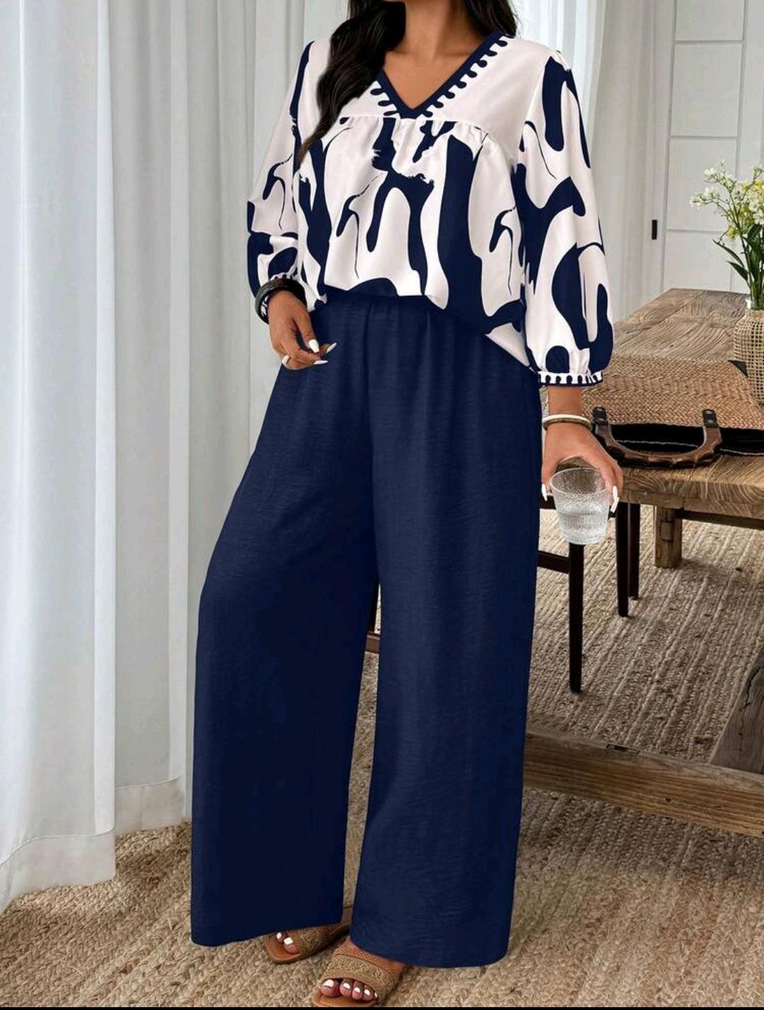 SHEIN LUNE Conjunto informal de blusa de manga farol con cuello en V y pantalón de pierna ancha para mujer talla grande, adecuado para uso diario, fiestas y vacaciones.
