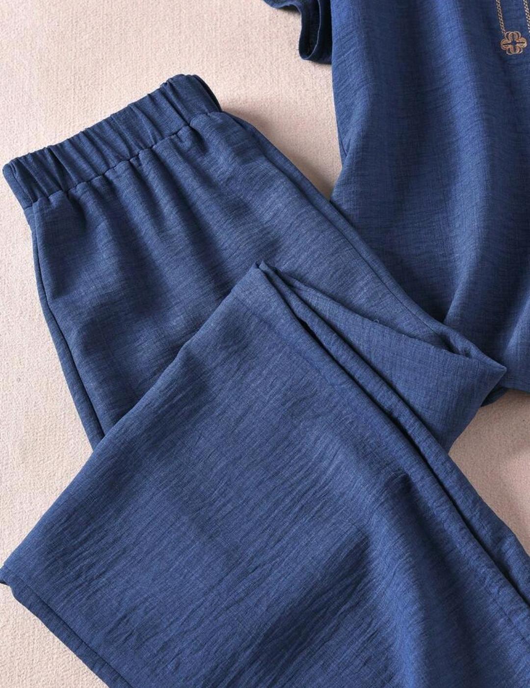 Rusticease Conjunto de 2 piezas de top de manga corta y pantalon largo para mujer talla grande, ropa de verano y primavera, estilo campestre, oficina, vacaciones, formal, azul marino, casual, suave y con forma.