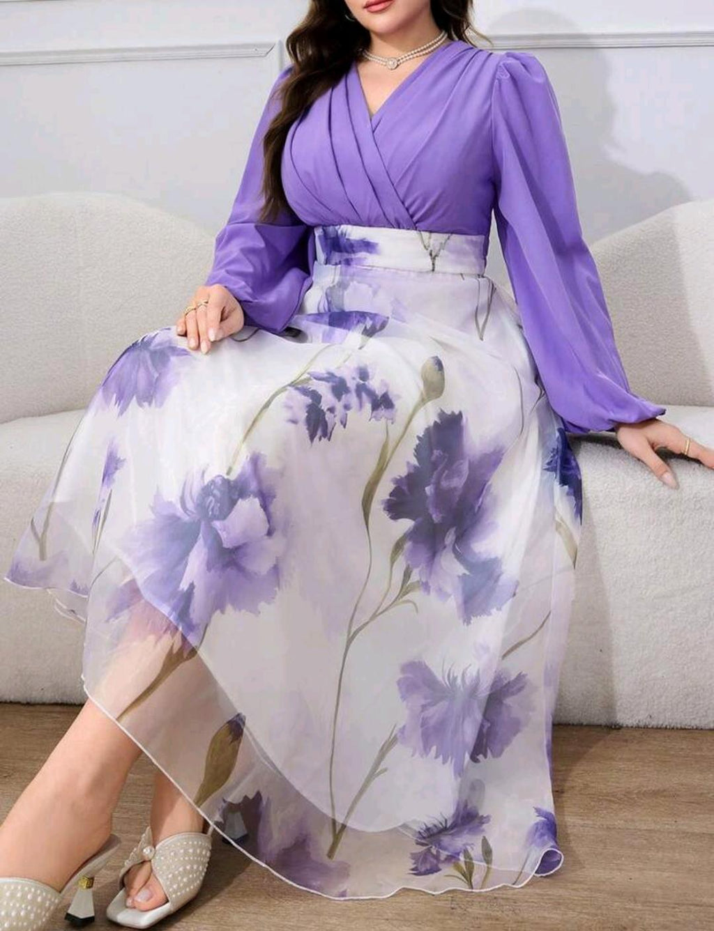 Modelyn Vestido de talla grande para mujer, estilo elegante con estampado floral, mangas de farol y cintura ceñida, estilo resort