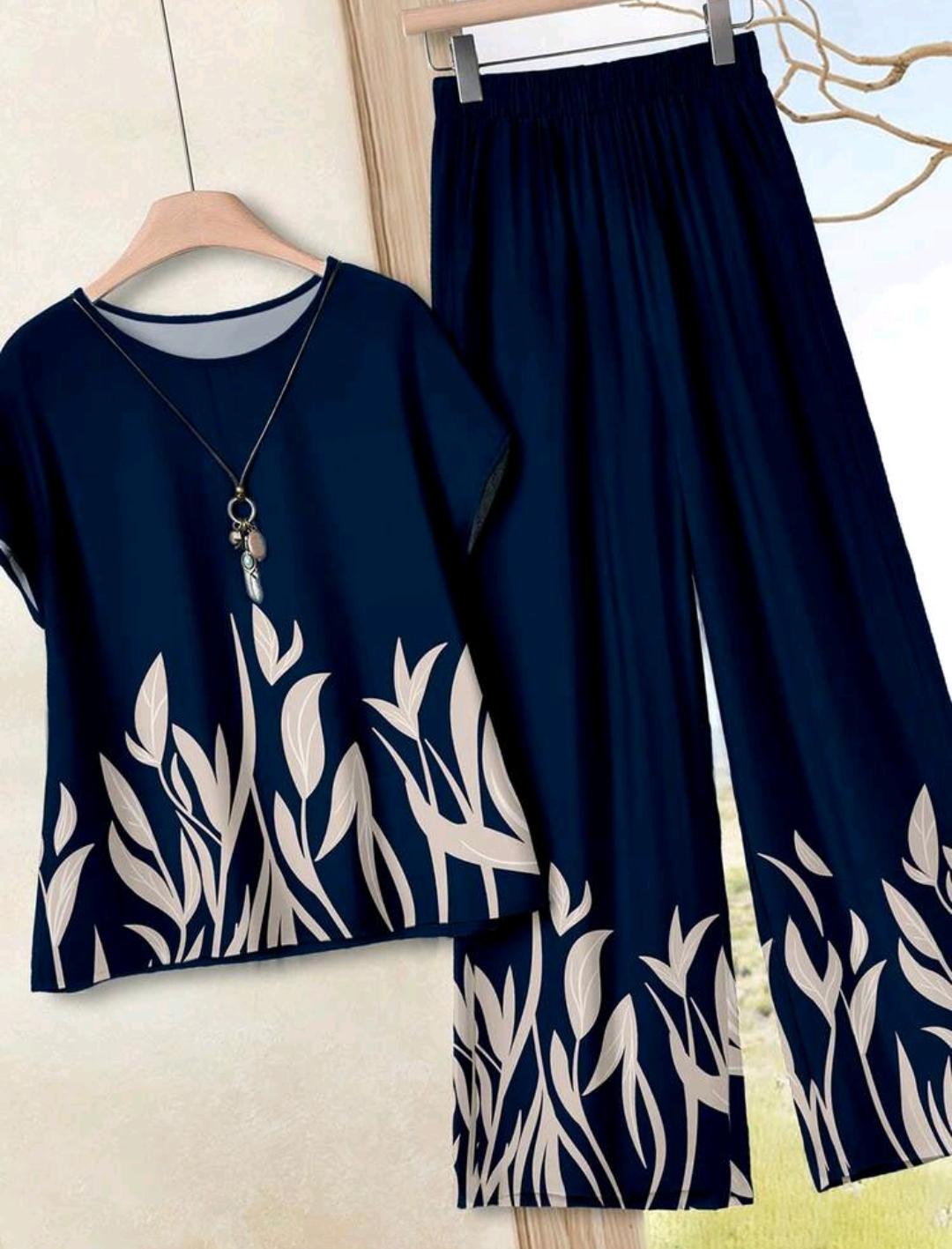 EMERY ROSE Conjunto de 2 piezas con estampado de hojas minimalista, adecuado para vacaciones, talla grande
