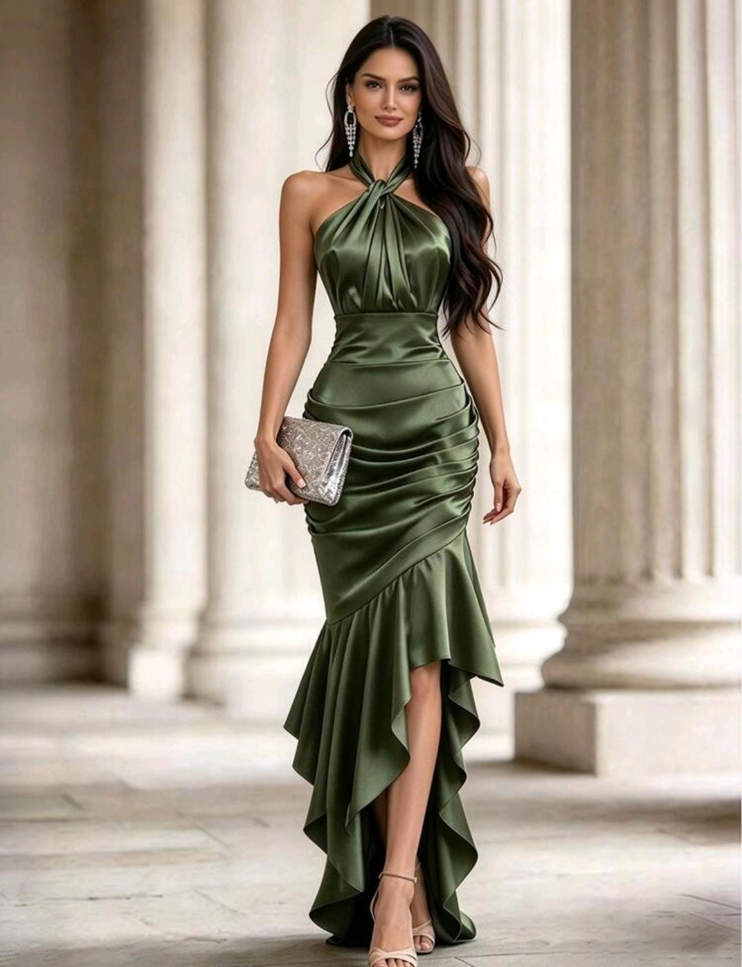 Vestido elegante con cuello halter y volantes | Bajo pedido