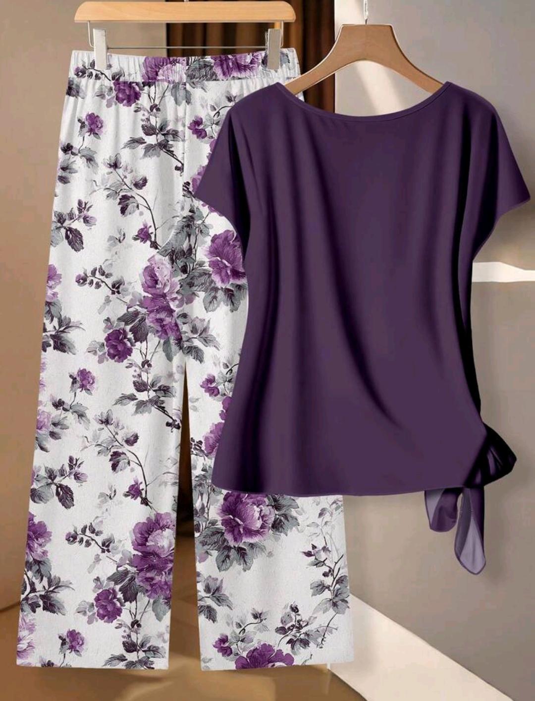 SHEIN LUNE Conjunto de 2 piezas de blusa con lazo y pantalones rectos para mujer.