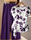EMERY ROSE Conjunto casual de 2 piezas para mujer talla grande con camisa de manga corta con estampado floral y pantalones de pierna ancha.