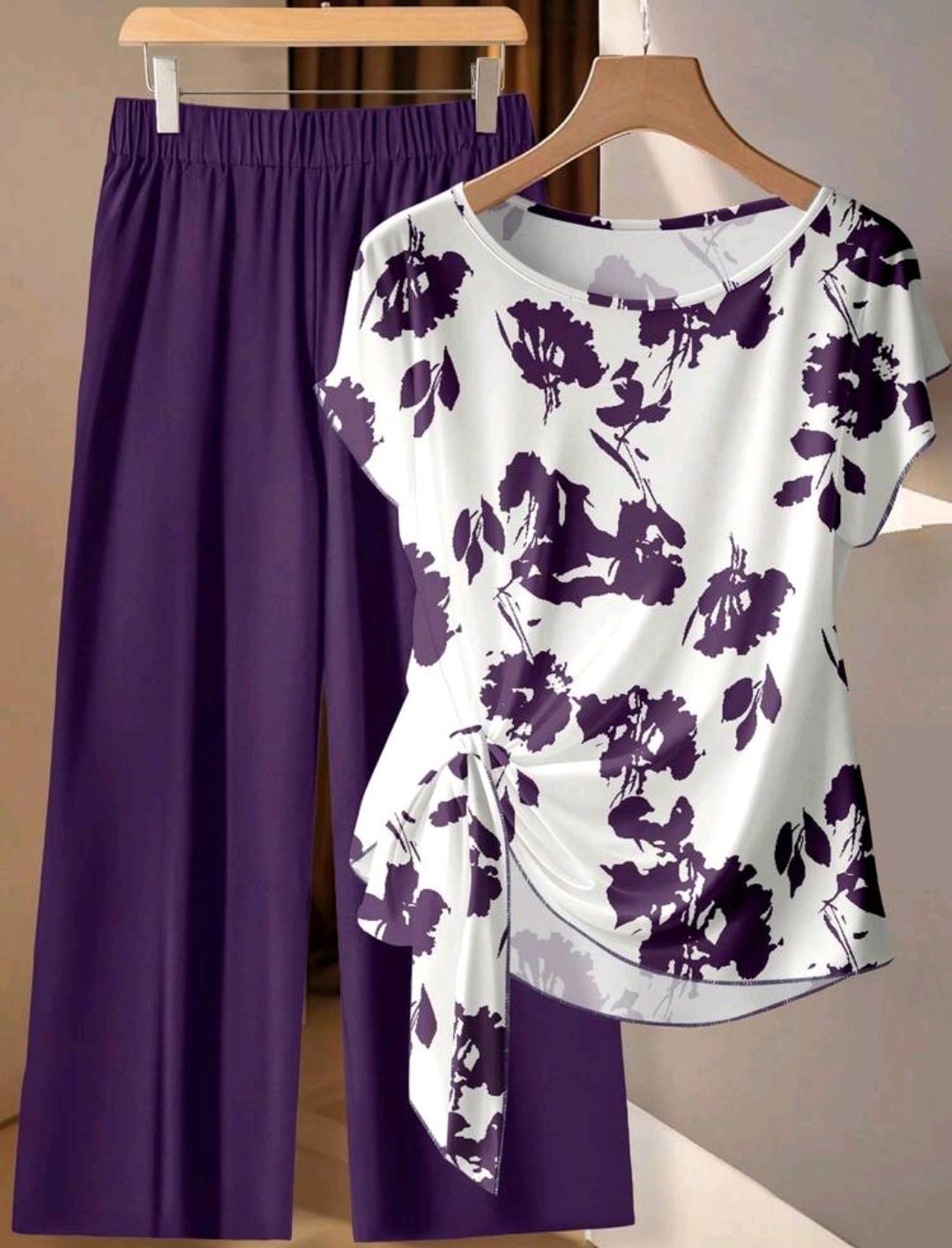 EMERY ROSE Conjunto casual de 2 piezas para mujer talla grande con camisa de manga corta con estampado floral y pantalones de pierna ancha.