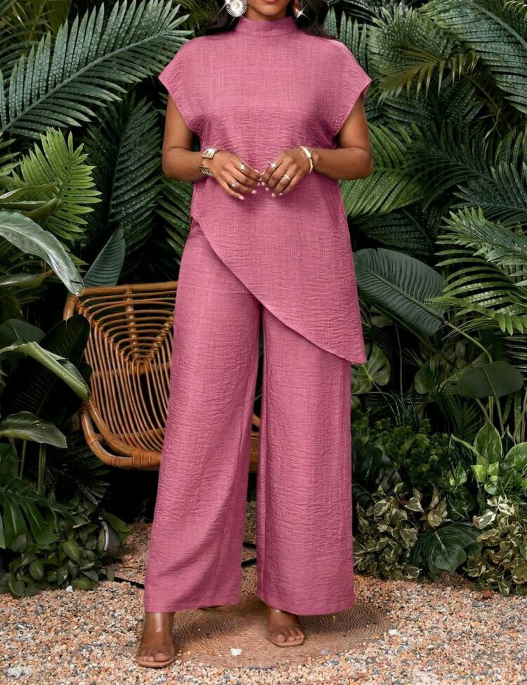 Conjunto de 2 piezas de top y pantalones de unicolor con bajo asimétrico para vacaciones de mujer