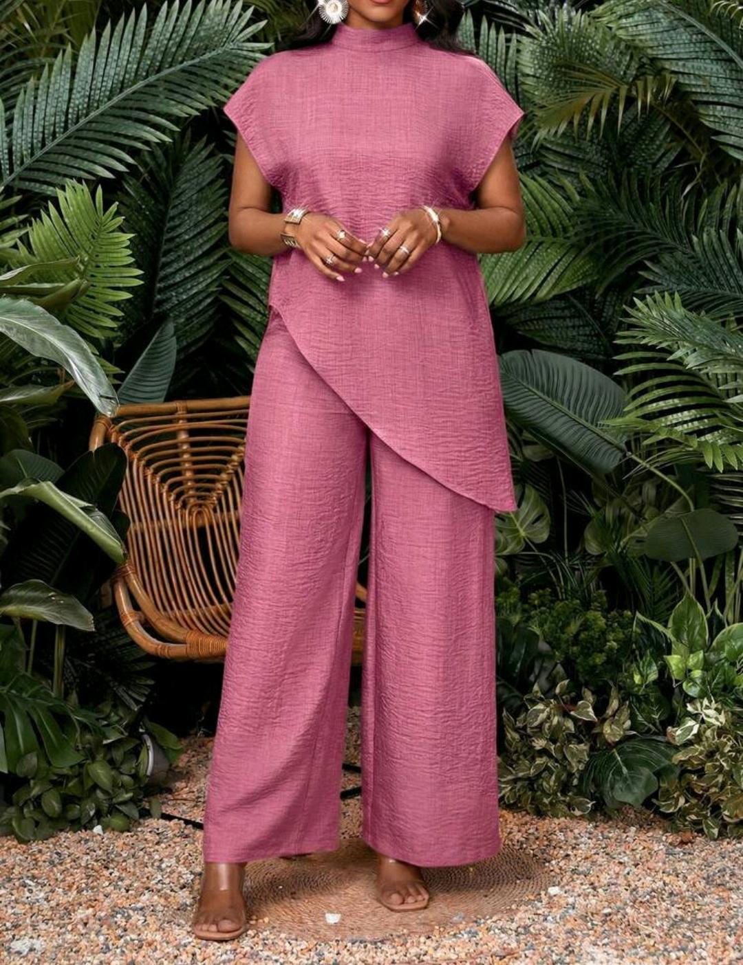 Conjunto de 2 piezas de top y pantalones de unicolor con bajo asimétrico para vacaciones de mujer