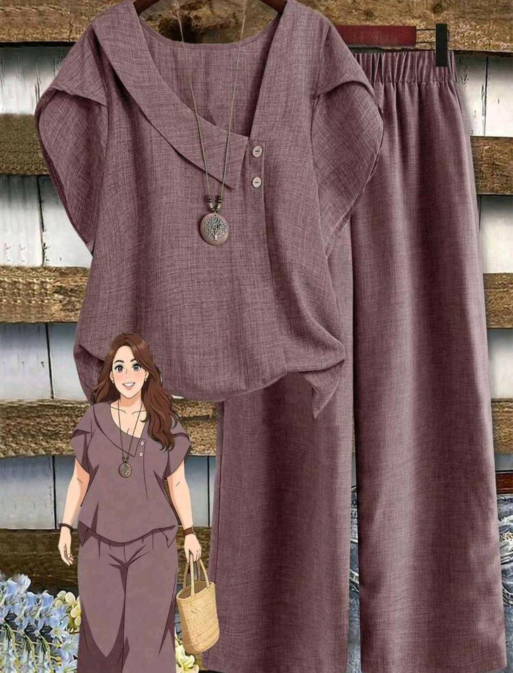 Conjunto de blusa lisa y pantalón ancho estampado | Bajo pedido