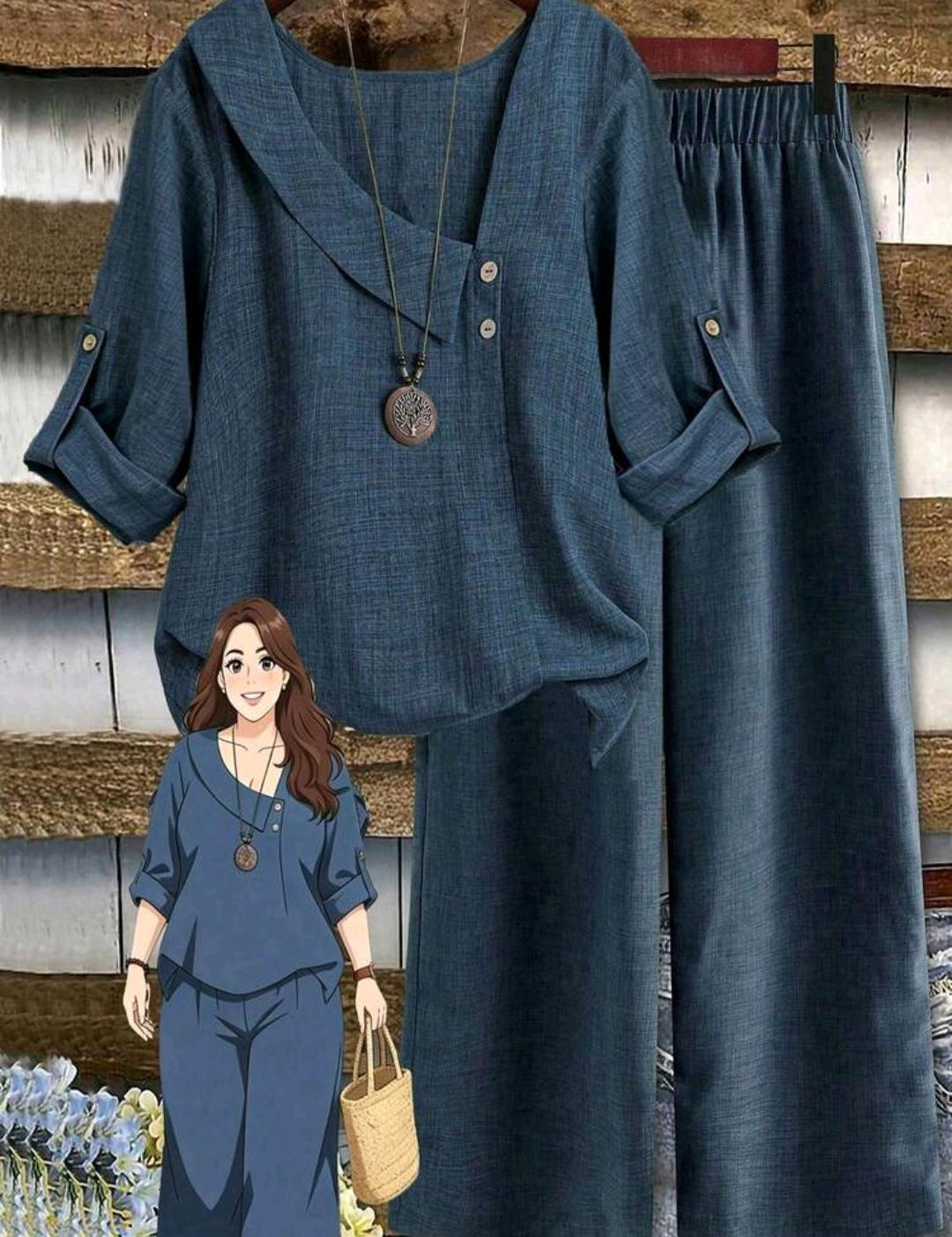 Conjunto de blusa lisa y pantalón ancho estampado | Bajo pedido
