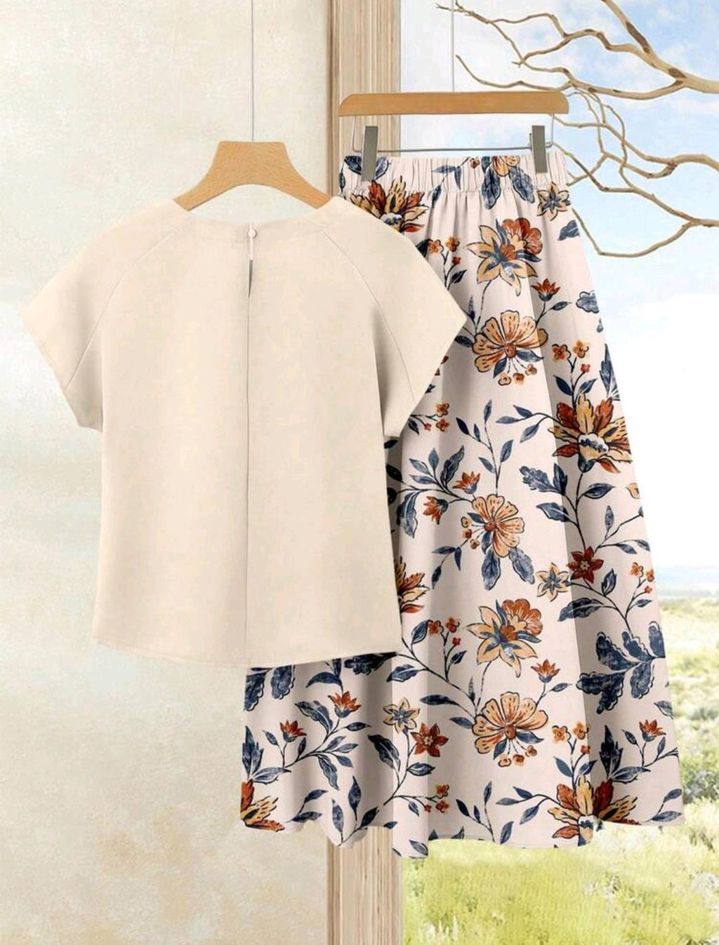Rusticease Set de 2 piezas de top de color sólido + falda estampada para vacaciones casuales de mujer, conjunto de verano ideal para primavera y verano.