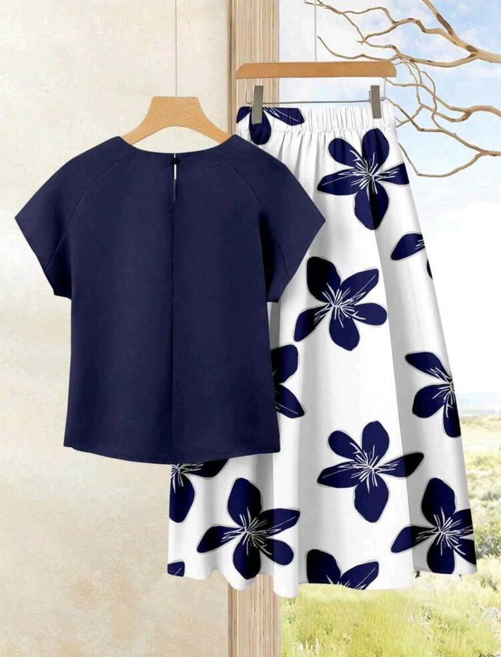 2 piezas Conjunto casual de verano para mujer con parte superior de unicolor + falda estampada.