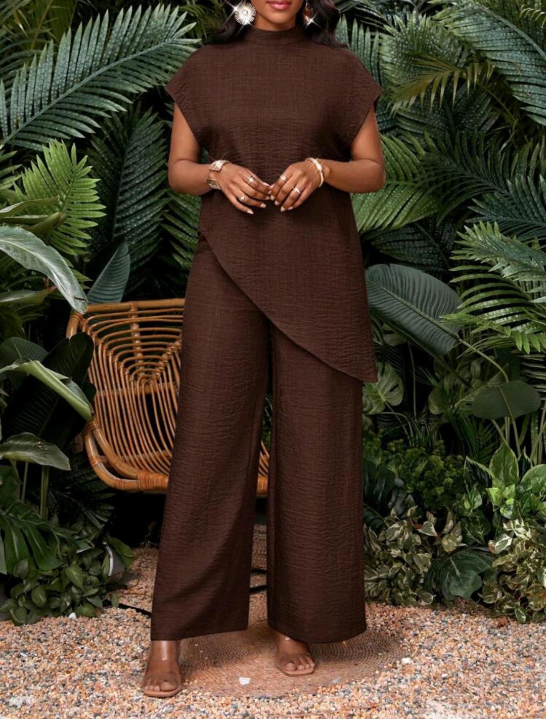Conjunto de dos piezas de top y pantalones de talla grande, unicolor casual con bajo asimétrico
