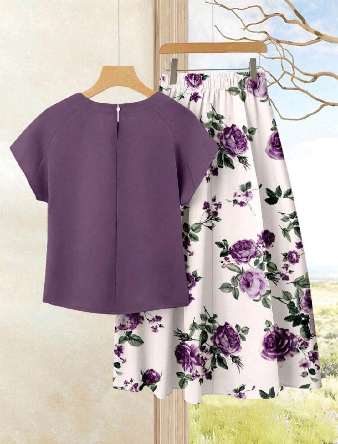Rusticease 2 piezas Conjunto de top casual de unicolor + falda estampada, ideal para vacaciones y reuniones especiales.